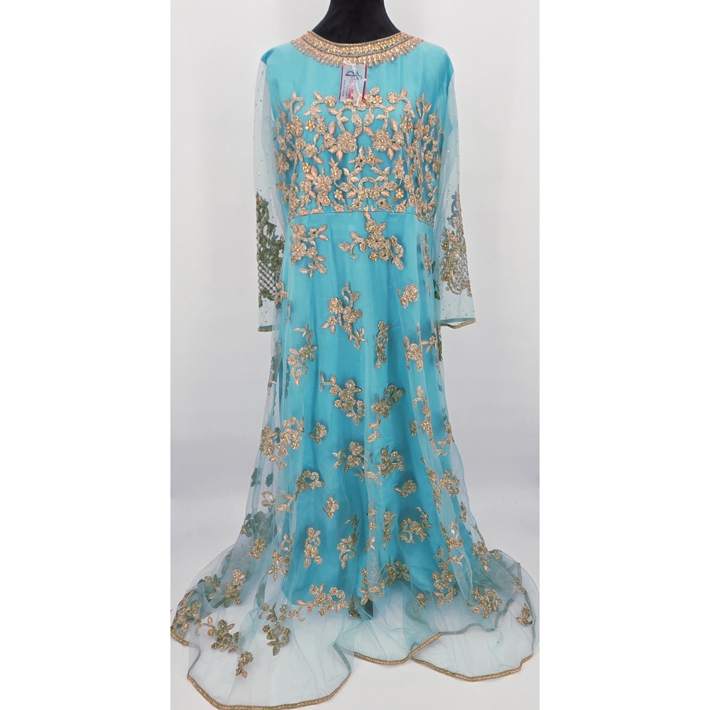 Indian-Style Formal Dress Turquoise‎ Gold Net Embellished Evening Gown Size XL